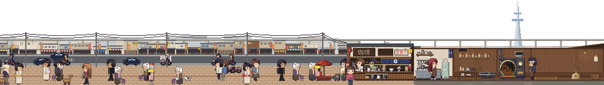 The roastery strip: a shopping street, the coffee counter, kitchen and drum roaster